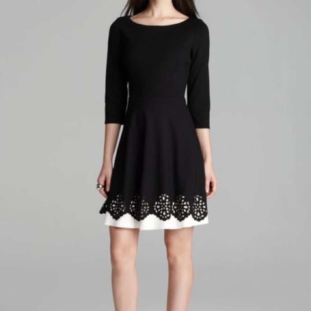 Black Laser Cutout Fit and Flare Ponte Dress